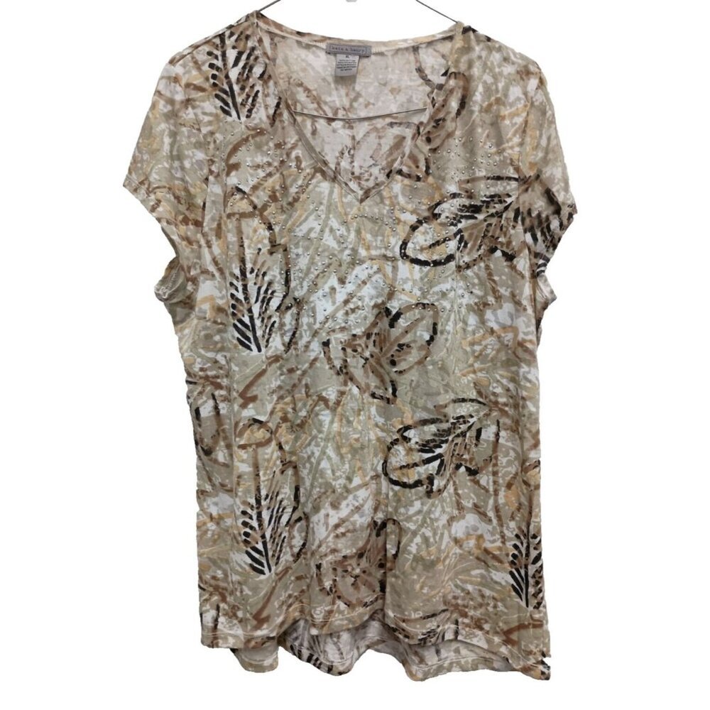 Kate & Henry Womens Burnout Embellished T-Shirt XL Beige White Leaf Print Hi Low